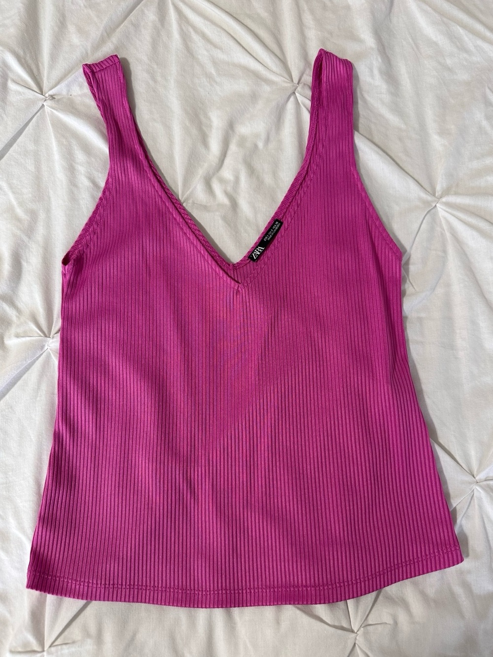 ZARA Ribbed V-Neck Tank Top - Hot Pink